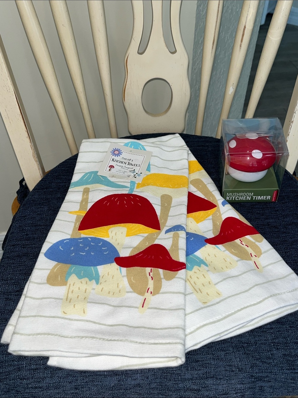 Mushroom Print Kitchen Towels - Red, Blue & Yellow set of 2 and a mushroom timer